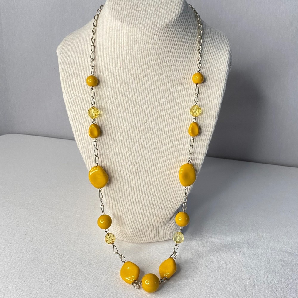 💎Chunky Yellow Bead Station Necklace Opera Length Boho Vintage